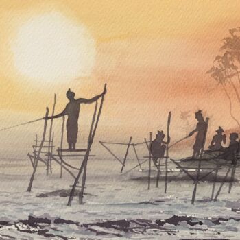 Malerei mit dem Titel "Fishing at dusk" von Peter Blake, Original-Kunstwerk, Aquarell