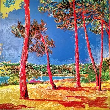 Malerei mit dem Titel "Soleil sous les pins" von Peter Fish, Original-Kunstwerk, Acryl