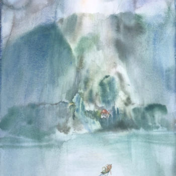 Schilderij getiteld "Fog on the lake" door Peter Otlan, Origineel Kunstwerk, Aquarel