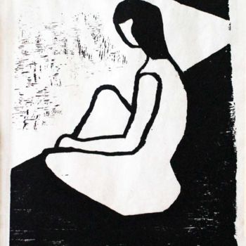 Printmaking titled "Woman sitting at th…" by Peter Royen, Original Artwork, Xylography