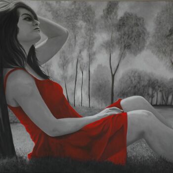 Schilderij getiteld "Red Dress relaxing" door Peter Seminck, Origineel Kunstwerk, Olie