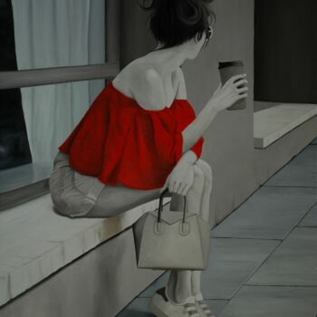 Painting titled "Red Blouse waiting…" by Peter Seminck, Original Artwork, Oil