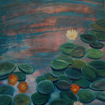 Ζωγραφική με τίτλο "Sunset-at-the-Pond" από Peter Stutz, Αυθεντικά έργα τέχνης, Λάδι