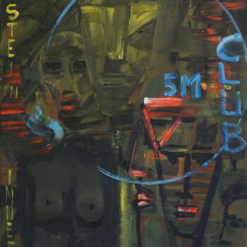 Painting titled "5M Club" by Peter Stutz, Original Artwork, Oil Mounted on Wood Stretcher frame