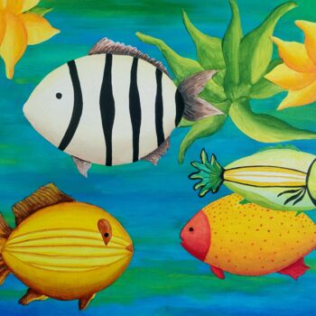 Pittura intitolato "Happy little fish…" da Peter Vamosi, Opera d'arte originale, Acrilico