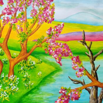 Schilderij getiteld "Blossoming cherry t…" door Peter Vamosi, Origineel Kunstwerk, Acryl