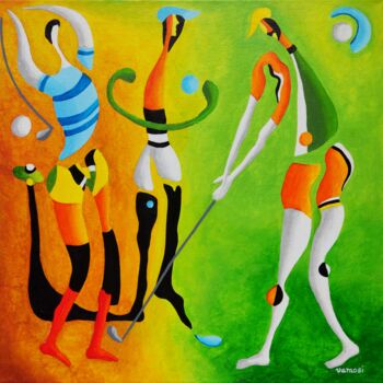 Painting titled "Relax at golf game" by Peter Vamosi, Original Artwork, Acrylic Mounted on Wood Stretcher frame