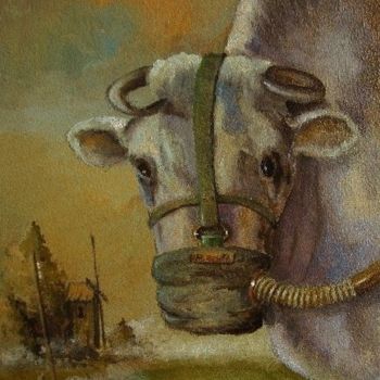 Pintura titulada "Koe met gasmasker." por Peter Meuleners, Obra de arte original, Oleo