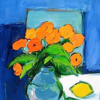 Painting titled "Flowers and lemon" by Peter Radacina, Original Artwork, Oil