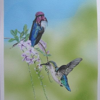 Картина под названием "couple de colibris…" - Rvm, Подлинное произведение искусства, Масло