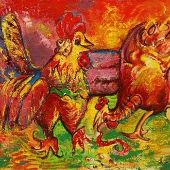 Painting titled "Chicken Idyll, Oil…" by Petr Kisenuk, Original Artwork, Oil