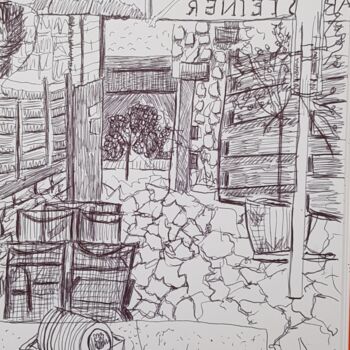 Tekening getiteld "Kerzenheim Eiscafe" door Petra Hüther, Origineel Kunstwerk, Balpen