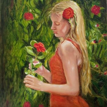 Painting titled "Camellia" by Petra Gruiters, Original Artwork, Oil