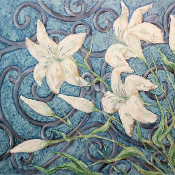 Schilderij getiteld "white flowers" door Andrey Petrakov, Origineel Kunstwerk, Olie