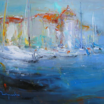 Ζωγραφική με τίτλο "Море, яхты. 90х120" από Yuriy Petrenko, Αυθεντικά έργα τέχνης, Λάδι