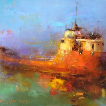 Pintura intitulada "The red ship" por Yuriy Petrenko, Obras de arte originais, Óleo