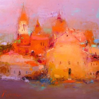 Painting titled "Evening city" by Yuriy Petrenko, Original Artwork, Oil