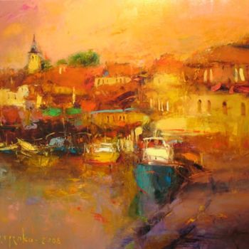 Painting titled "Evening quay" by Yuriy Petrenko, Original Artwork, Oil