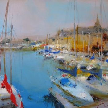 「Mooring, yachts」というタイトルの絵画 Yuriy Petrenkoによって, オリジナルのアートワーク, オイル