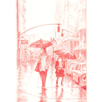 Drawing titled "Rainy Day, NYC" by Aleksandr Petrunin, Original Artwork, Ink