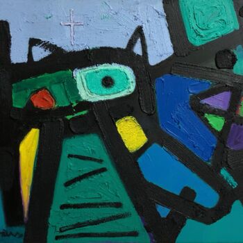 Schilderij getiteld "Night cat" door Tung Duc Pham, Origineel Kunstwerk, Acryl