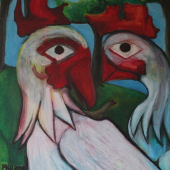 Painting titled "coqs , visage de la…" by Philippe Aguasca, Original Artwork, Acrylic Mounted on Wood Stretcher frame