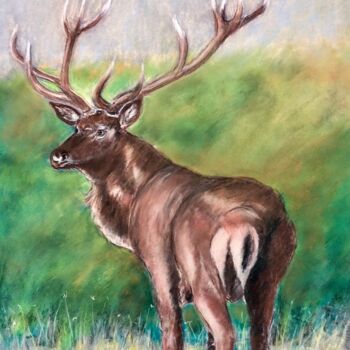 Drawing titled "Le grand cerf" by Philippe Allier, Original Artwork, Pastel