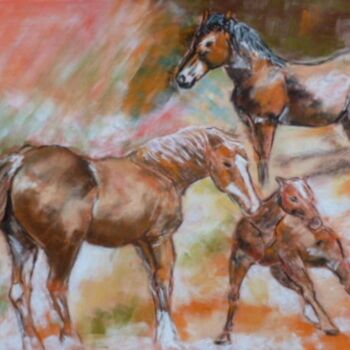 Drawing titled "Les chevaux" by Philippe Allier, Original Artwork, Pastel
