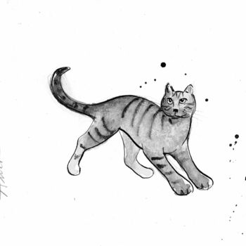 Zeichnungen mit dem Titel "Chat en mouvement" von Philippe Alliet, Original-Kunstwerk, Tinte Auf Karton montiert
