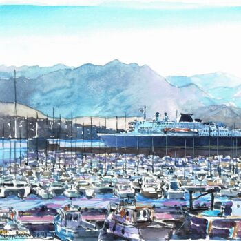 Peinture intitulée "Ferry dans le port…" par Philippe Brobeck, Œuvre d'art originale, Aquarelle