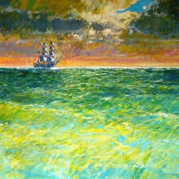 「trois mats à la mer…」というタイトルの絵画 Philippe Brobeckによって, オリジナルのアートワーク, グワッシュ水彩画