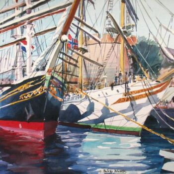Peinture intitulée ""grands voiliers à…" par Philippe Brobeck, Œuvre d'art originale, Aquarelle