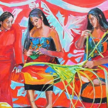 Peinture intitulée ""Tahitiennes qui tr…" par Philippe Brobeck, Œuvre d'art originale, Gouache
