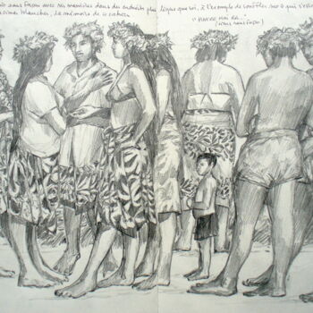 Drawing titled ""Groupe de tahitien…" by Philippe Brobeck, Original Artwork, Pencil