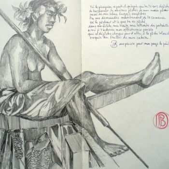 Tekening getiteld ""A toi le piroguier"" door Philippe Brobeck, Origineel Kunstwerk, Potlood