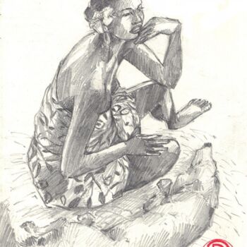 Drawing titled "" Vahiné avec un ch…" by Philippe Brobeck, Original Artwork, Pencil