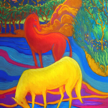 Painting titled "Chevaux Gauguin" by Philippe Cadet, Original Artwork, Pastel Mounted on Wood Panel
