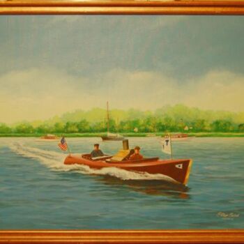 Painting titled "Speedboat "Panhard…" by Philippe Conrad, Original Artwork, Acrylic Mounted on Wood Panel