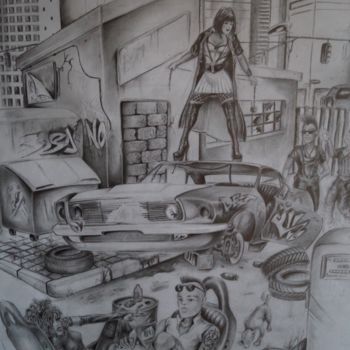 Tekening getiteld "scene de new york" door Philippe Dran, Origineel Kunstwerk, Potlood