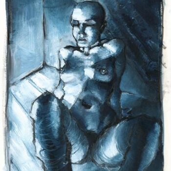 Pintura titulada "Nu assis bleu III" por Philippe-Emmanuel Amirault, Obra de arte original