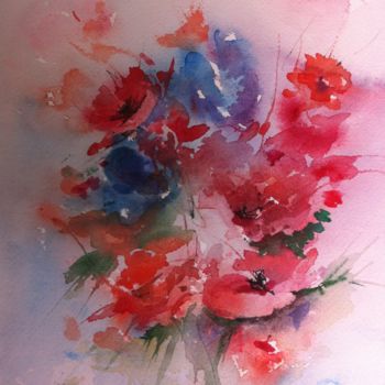 Painting titled "Flowers poppies" by Gaury, Original Artwork, Watercolor
