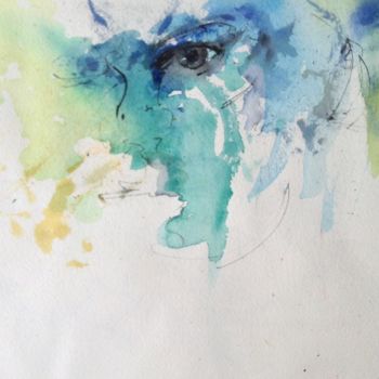 Painting titled "Green eye" by Gaury, Original Artwork, Watercolor