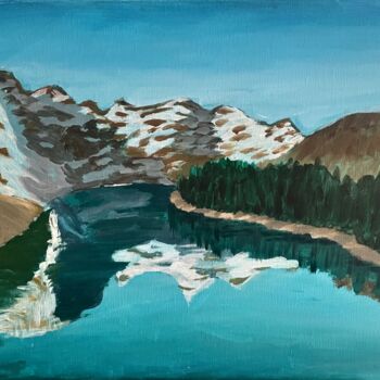 Painting titled "Montagnes et Lac 1" by Philippe Kocher, Original Artwork, Acrylic Mounted on Wood Stretcher frame