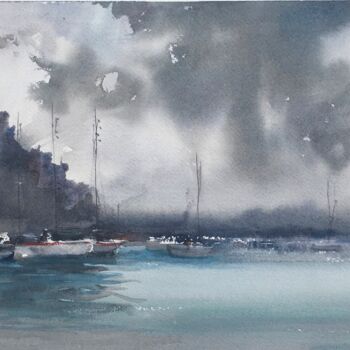 Pintura intitulada "Orage sur Calvi" por Philippe Laurent, Obras de arte originais, Aquarela