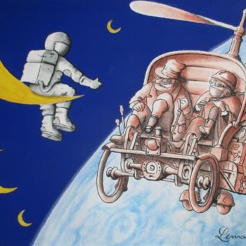 Tekening getiteld "L'astronautostoppeur" door Philippe Lemarinier, Origineel Kunstwerk, Pastel