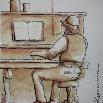 Drawing titled "Le pianiste" by Philippe Lemarinier, Original Artwork, Ink