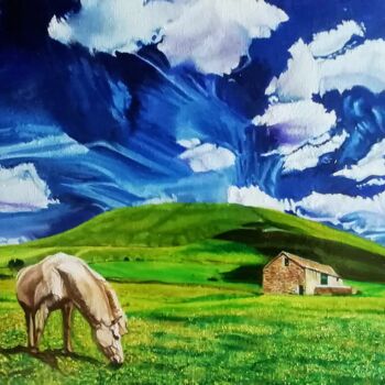 Painting titled ""Prairies"" by Philippe Lemesle, Original Artwork, Oil