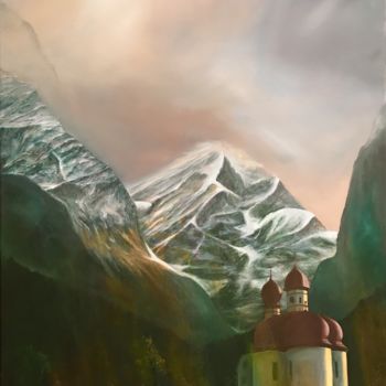 Schilderij getiteld "Through the Alps" door Philippe Manson, Origineel Kunstwerk, Olie Gemonteerd op Frame voor houten branc…