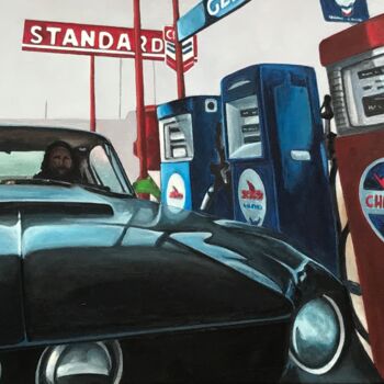 Malarstwo zatytułowany „The gaz station” autorstwa Philippe Manson, Oryginalna praca, Akryl Zamontowany na Drewniana rama no…