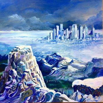 Painting titled "Calgary from Devil'…" by Philippe Metaireau, Original Artwork, Acrylic Mounted on Wood Stretcher frame